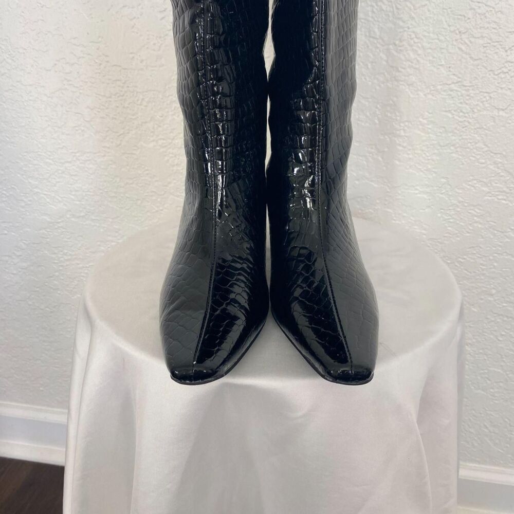NEW Fashion Nova Black Croc Faux Leather Knee High Kitten Heel Boots US 7.5 - Picture 7 of 8